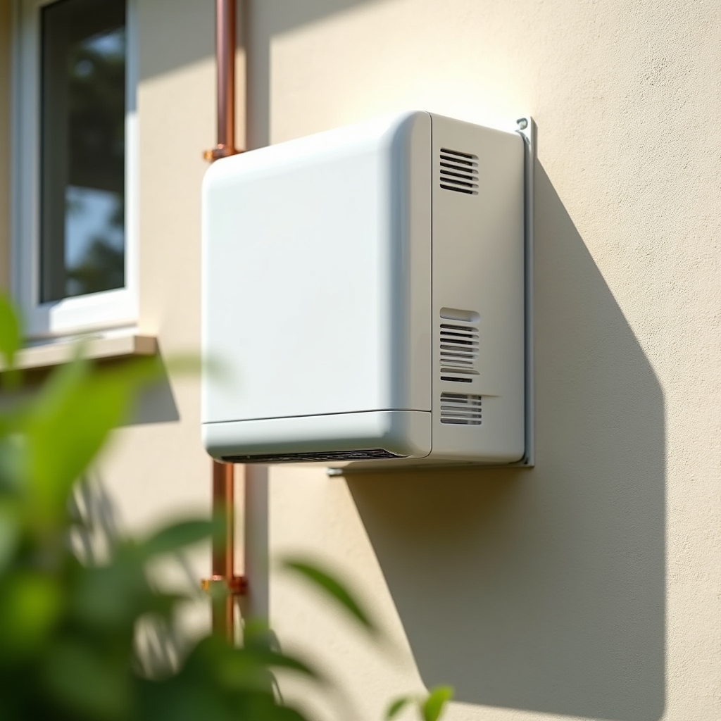 Modern air-source heat pump unit installed on exterior wall