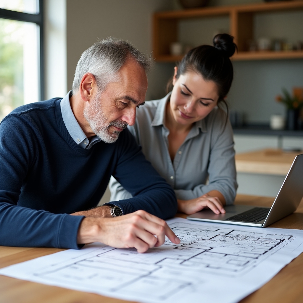 Homeowner reviewing renovation plans at a kitchen table