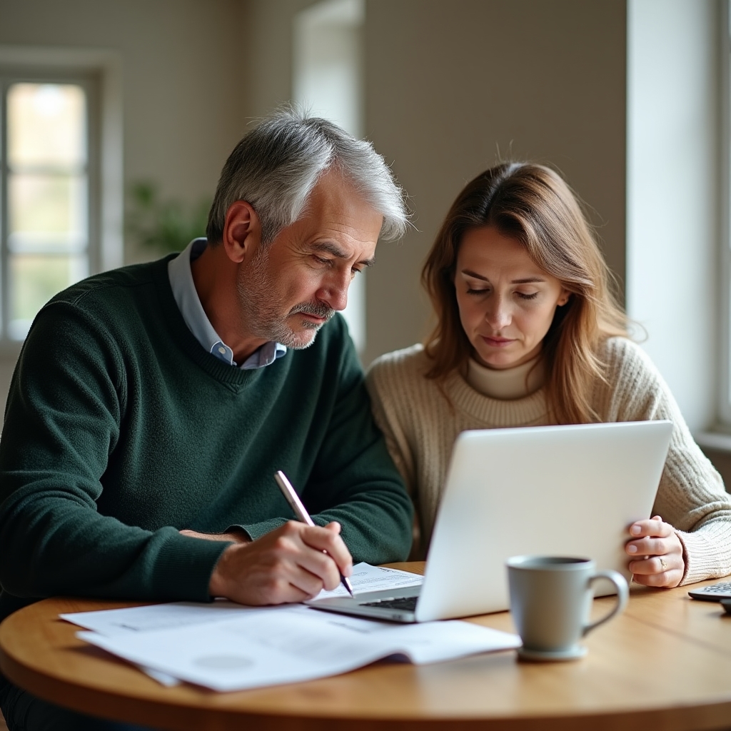 Middle-aged couple reviewing renovation documents at a dining table with a laptop open