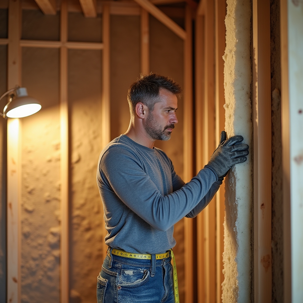 Worker installing mineral wool insulation in a wall cavity during renovation