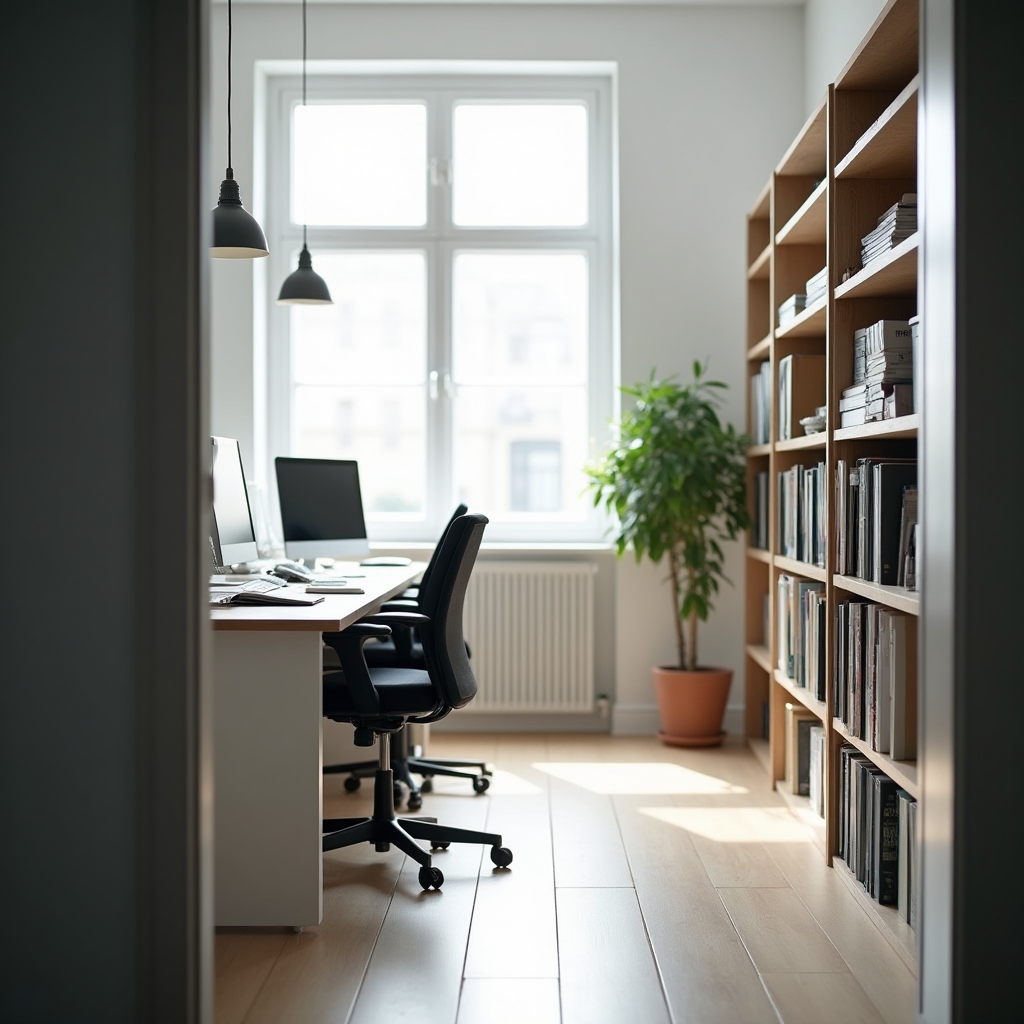 Bright open-plan office workspace with natural light and organized reference materials