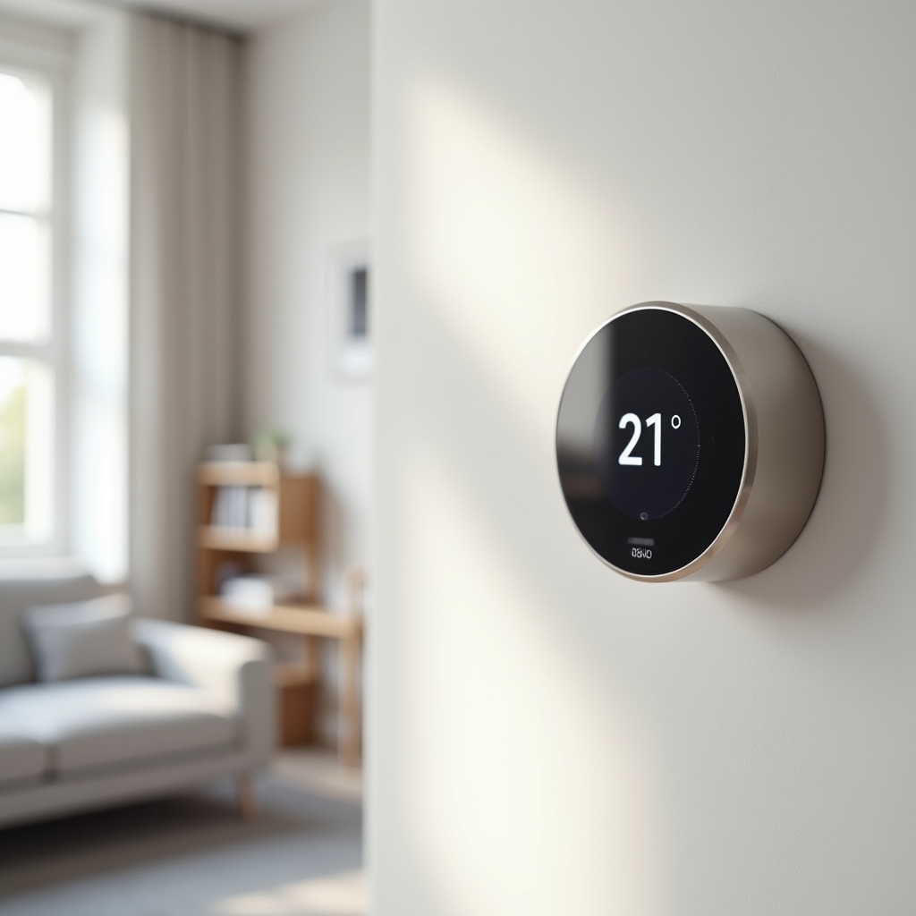Modern smart thermostat mounted on a clean white wall in a living room
